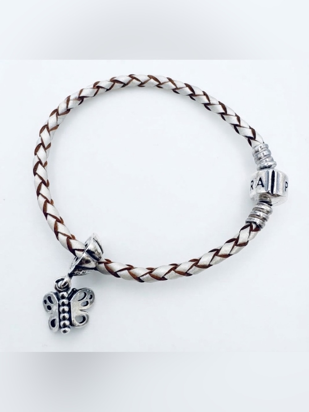 PANDORA Cream Braided Leather Bracelet & 925 Friends Forever Butterfly Dangle